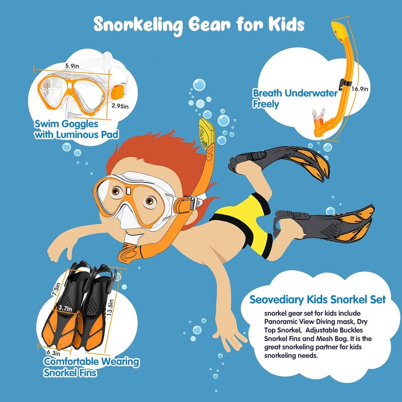 Seovediary Kids Snorkel Set, Mask Fins Snorkeling Gear for Kids Anti-Fog Swim Goggles 180 Panoramic View Dry Top Snorkel and Dive Flippers Combo with Travel Bag for Snorkeling Training Swimming Diving - Image 4